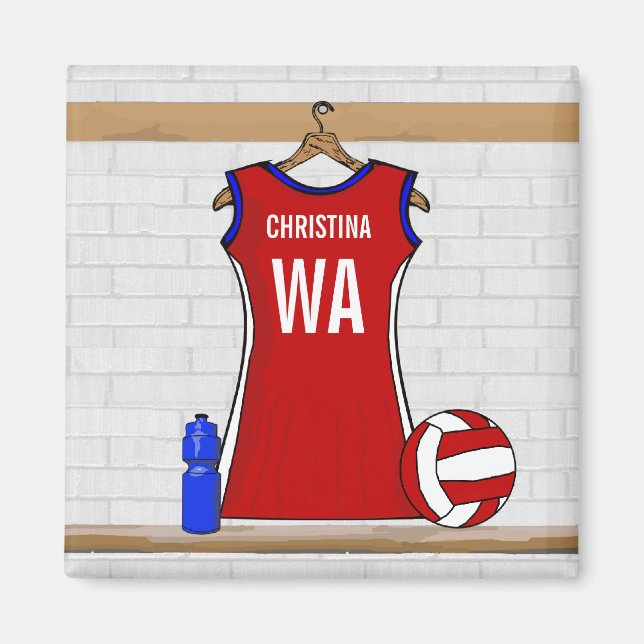 Benutzerdefinierte Netball-Uniform Rot mit Blau un Magnet (Vorne)