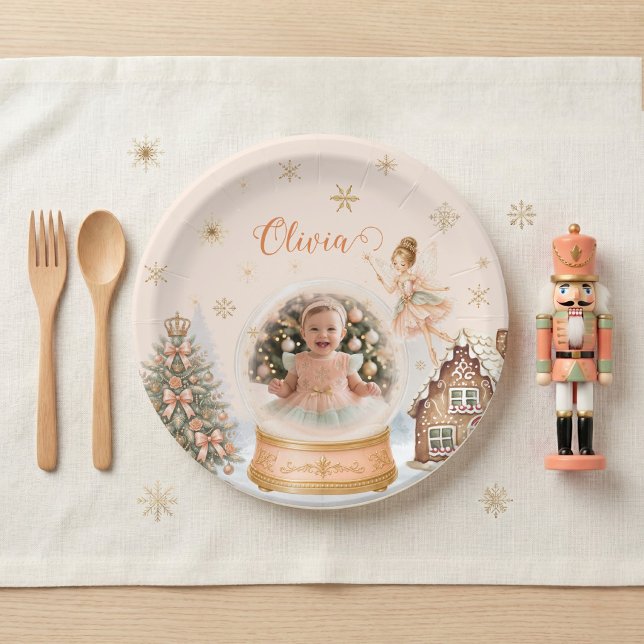 Benutzerdefinierte Nussknacker-Foto-Schneekugel zu Pappteller (Custom Nutcracker Photo Snow Globe 1st Birthday Paper Plate)
