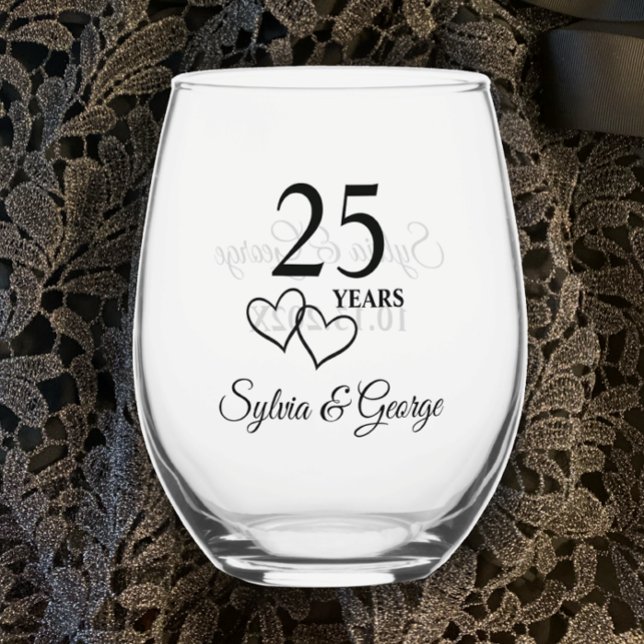 Benutzerdefinierte Paare Name Keepake 25-jähriges  Weinglas Ohne Stiel (Personalize glass with couples names and 25th wedding anniversary date for anniversary keepsake gift)