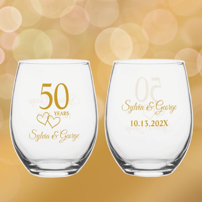 Benutzerdefinierte Paare Name Keepake 50. Jahresta Weinglas Ohne Stiel (Personalize these unique golden 50th anniversary stemless wine glasses. Keepsake gift.)