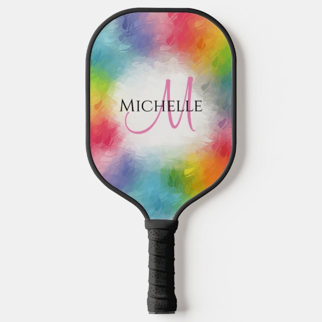 Benutzerdefinierte Regenbogenfarben Monogramm Mode Pickleball Schläger (Vorderseite)