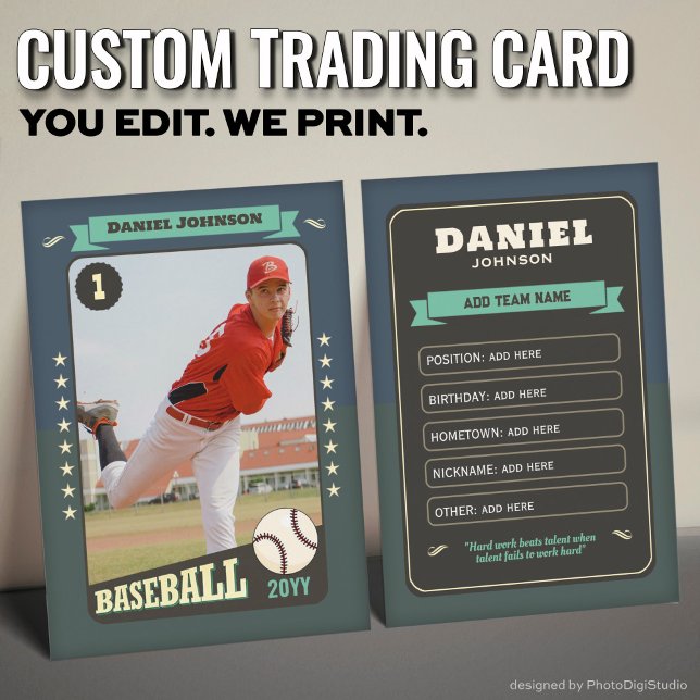 Benutzerdefinierte Retro-Baseball-Handelskartenspi Telefonnummerkarte (Custom Baseball Trading Card, Teal Retro Player Card)