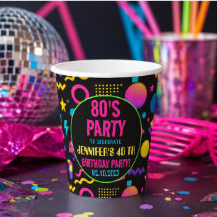 Benutzerdefinierte Retro-Neon-80er-Geburtstagsfeie Pappbecher