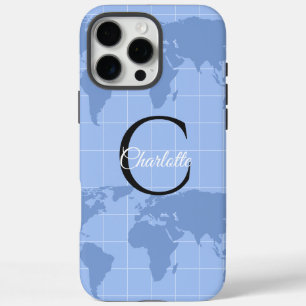 Benutzerdefinierte Riviera-Blau-Weltkarte-Monogram iPhone 16 Pro Max Hülle