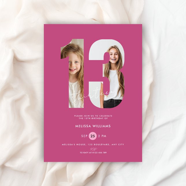 Benutzerdefinierte rosa Foto Mädchen Nummer 13. Ge Einladung (13th birthday invitation with photo in pink color for girls)
