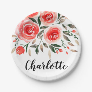 Benutzerdefinierte rosa Rosen Aquarellfarben Illus Pappteller