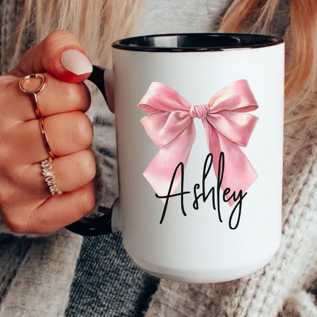 Benutzerdefinierte rosa Schleife Kaffeetasse Gebur (personalized coffee mug,  birthday gift for her, bridesmaid coffee mug, gift for besties or coworker)