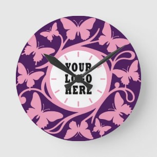 Benutzerdefinierte rosa und violette Schmetterling Runde Wanduhr