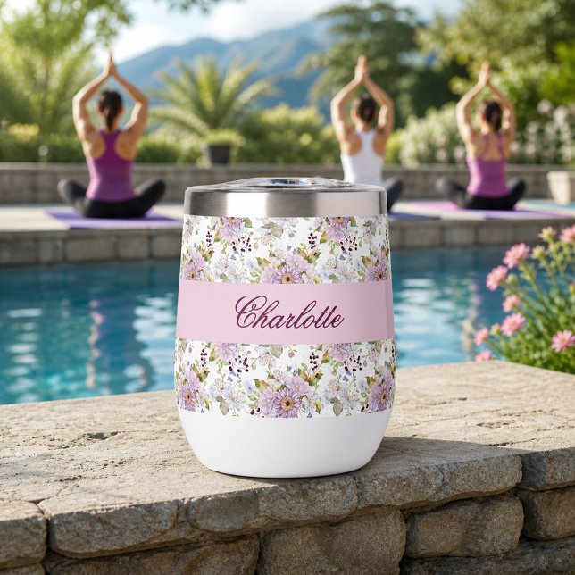 Benutzerdefinierte rosa Wildblumen-Name-Script-Blu (Custom Pink Wildflower Name Script Floral Thermal Wine Tumbler)