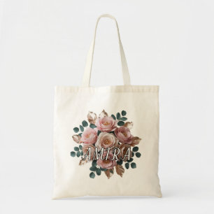 Benutzerdefinierte Rose Gold Florale Monogramm Bud Tragetasche