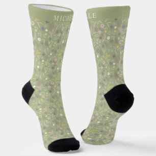 Benutzerdefinierte Salbeigrüne Blumen Pinke Weiße Socken