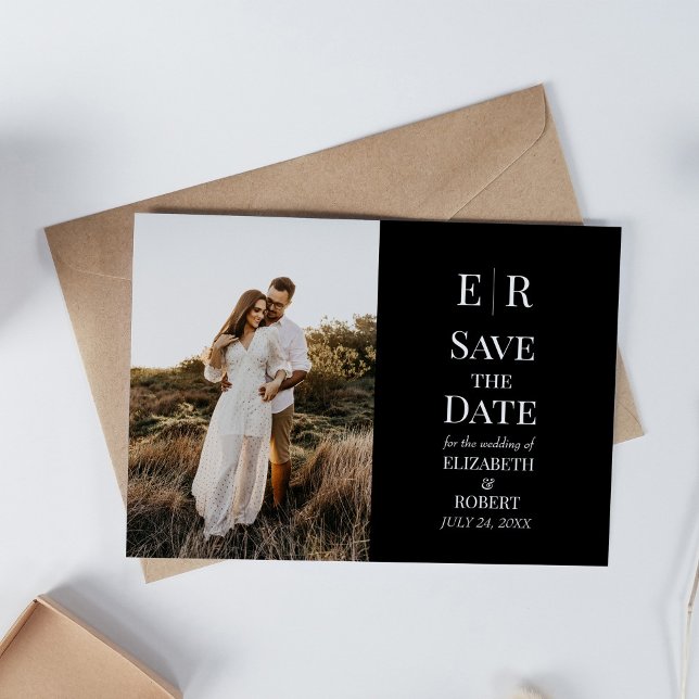 Benutzerdefinierte Schwarze Monogramm-Foto-Save th Einladung (Black Monogram Custom Photo Save the Date Card on white table with neutral decoration.)