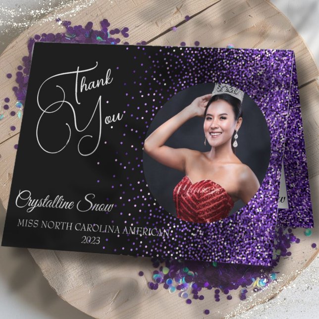 Benutzerdefinierte Seite Vielen Dank Karten | LILA (Show off your sparkle and gratitude with custom purple glitz custom photo pageant thank you cards)