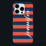 benutzerdefinierte Skriptmonogramm für Korallenrot iPhone 16 Pro Hülle<br><div class="desc">Dress up and protect your iphone with a preppy,  modern and fett gestreifte pattern design,  that is custom mit Monogramm with your first name in a Kleinbuchstaben script Schriftart. Dunkle Marine / indigoblau und korallorange rote Streifen horizontalen Streifen kontrastiert mit weißem Text.</div>