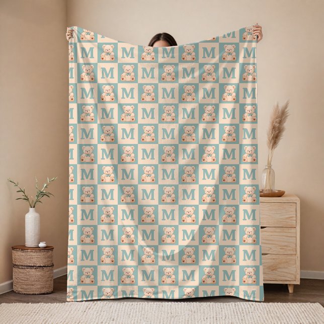 Benutzerdefinierte Teddybär-Babydecke als Geschenk Fleecedecke (Custom Checkered Baby Name Blanket Gift for Baby Shower & Kids, Baby Initial Name Teddy Bear Blanket)