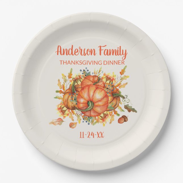 Benutzerdefinierte Thanksgiving-Orangenkürbisse He Pappteller (Vorderseite)
