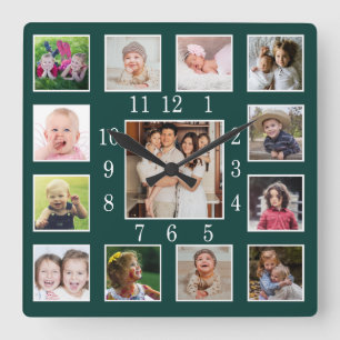 Benutzerdefinierte tiefe Waldgrün 13 Familienfoto- Quadratische Wanduhr