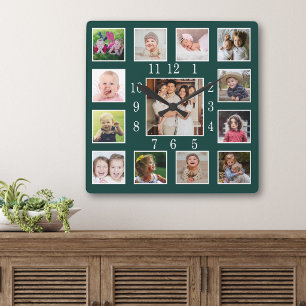 Benutzerdefinierte tiefe Waldgrün 13 Familienfoto- Quadratische Wanduhr