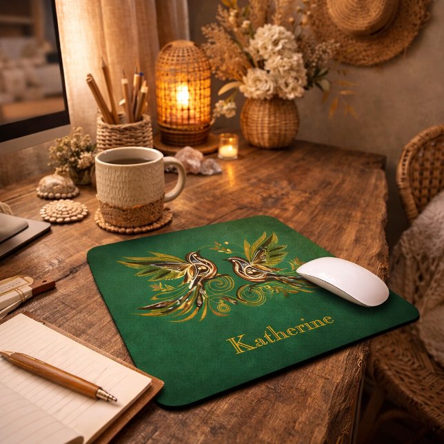 Benutzerdefinierte Vintage-Vögel Blumen Grün Mousepad (Von Creator hochgeladen)