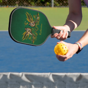 Benutzerdefinierte Vintage-Vögel Blumen Grün Pickleball Schläger