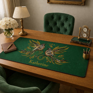 Benutzerdefinierte Vintage Vogel Blumen Grün Schreibtischunterlage