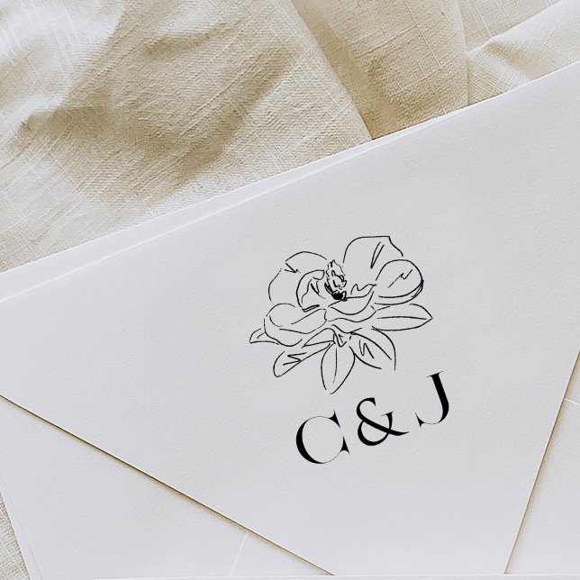 Benutzerdefinierte Vorbilder für das White Magnoli Gummistempel (Beautiful Southern-inspired magnolia illustration wedding monogram rubber stamp.)
