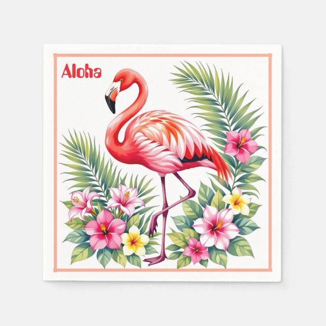 Benutzerdefinierte Wasserfarbe Rosa Flamingo Flora Serviette (Vorderseite)