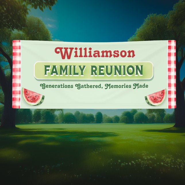 Benutzerdefinierte Wassermelonen-Picknick-Grill-Fa Banner (Celebrate in style with this custom family reunion banner – red plaid, watermelon, park-ready fun!)