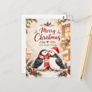 Benutzerdefinierte Weihnachts-Puffins-Cottage-Fami Postkarte