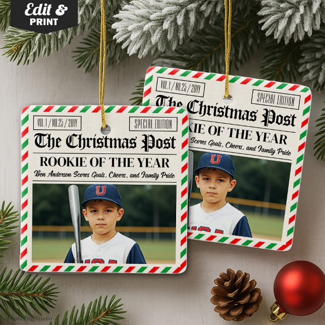 Benutzerdefinierte Weihnachtszeitung Rookie des Ja Keramikornament (Custom Christmas Newspaper Rookie of the Year Ceramic Ornament)