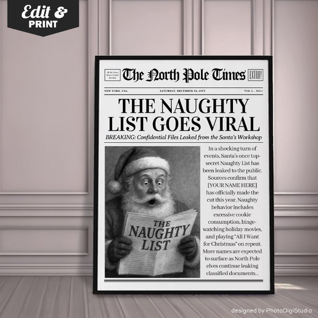Benutzerdefinierte Weihnachtszeitungsdekoration, L Poster (Custom Christmas Newspaper Decor, Funny Christmas Poster, The Naughty List Goes Viral)