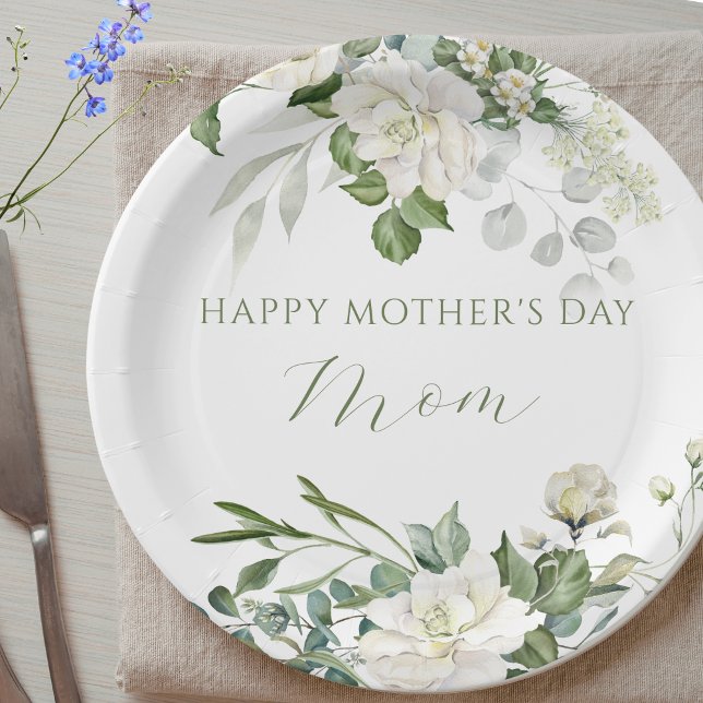 Benutzerdefinierte weiße Rosen Muttertag Pappteller (Von Creator hochgeladen)