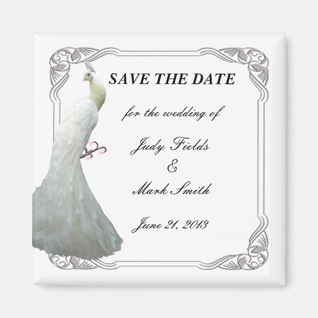 Benutzerdefinierte White Peacock Wedding speichert Magnet (Vorne)