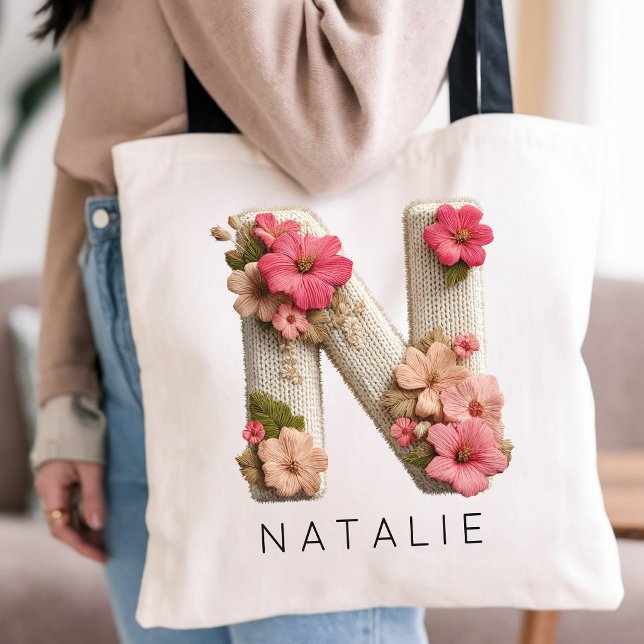Benutzerdefinierte Wildblumen-Initialen Geburtstag Tragetasche (Custom Botanical Letter N Book Bag for Students | Feminine Floral Embroidery Effect Initial Tote)