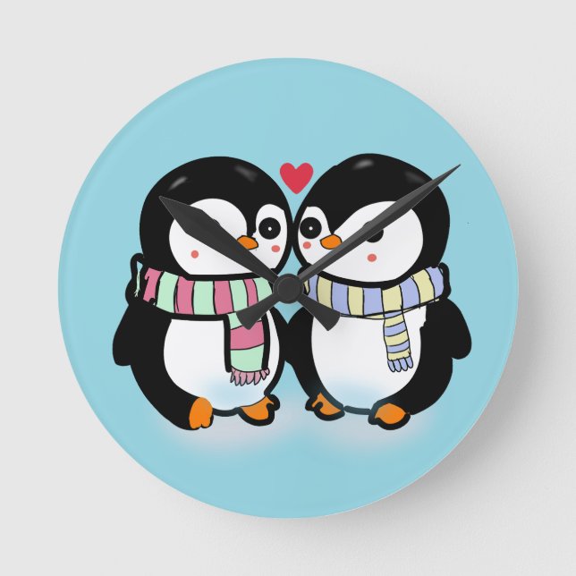 Benutzerdefinierte Winter Pinguin Liebe Runde Wanduhr (Vorderseite)