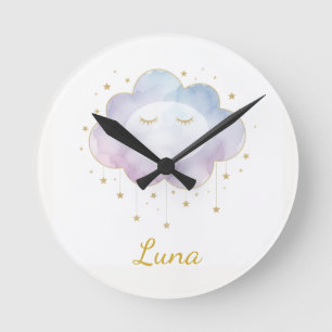 Benutzerdefinierter Babyname Lavendel-Wasserfarbe- Runde Wanduhr