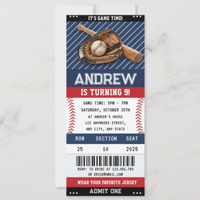 Benutzerdefinierter Baseball-Ticket-Geburtstag mit Einladung (Vorderseite)