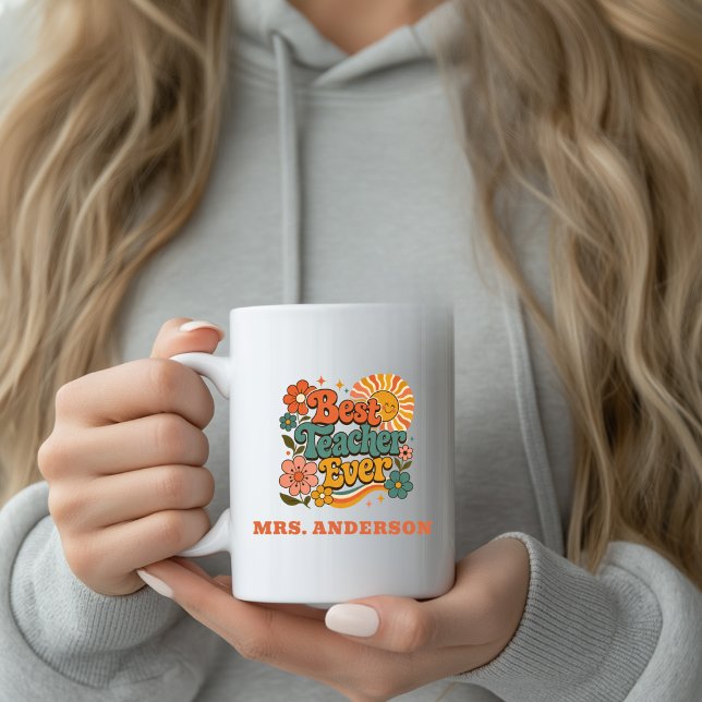 Benutzerdefinierter Bester Lehrer Aller Zeiten Flo Kaffeetasse (Custom Best Teacher Ever Floral Retro Name Coffee Mug)