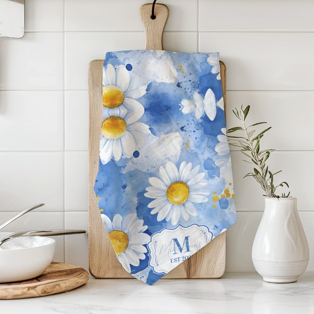 Benutzerdefinierter blauer Aquarell-Gänseblümchen- Geschirrtuch (Von Creator hochgeladen)