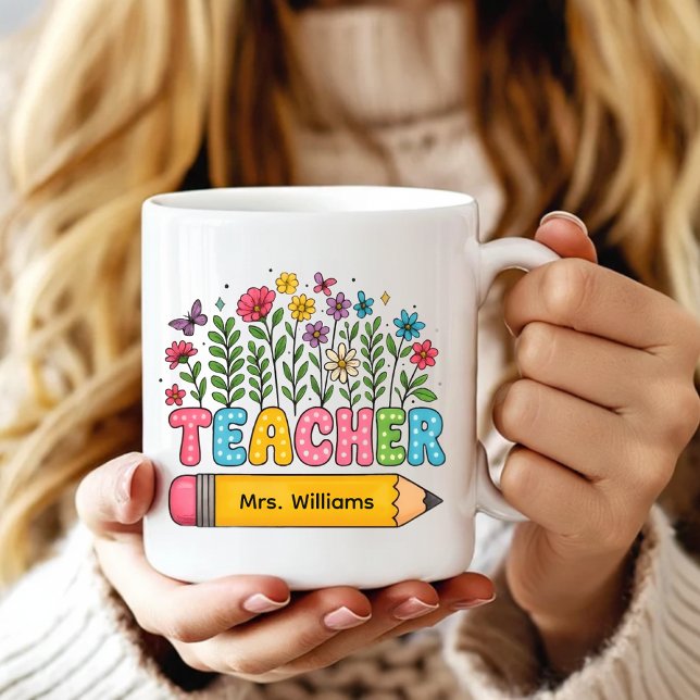 Benutzerdefinierter Boho-Wildblumen-Lehrerbecher,  Kaffeetasse (Elementary school teacher mug, Preschool teacher mug, kindergarten teacher mug, Teacher gift)