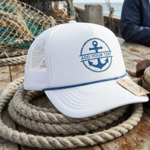 Benutzerdefinierter Bootsname Blau und Weißes Naut Truckerkappe
