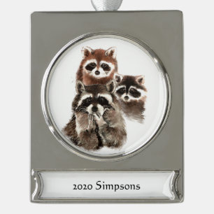 Benutzerdefinierter Datumname Niedlich Raccoon Fam Banner-Ornament Silber