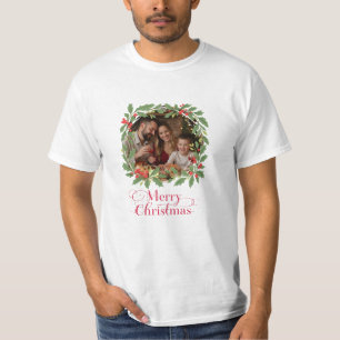 Benutzerdefinierter Familienfoto-Kranz Frohe Weihn T-Shirt