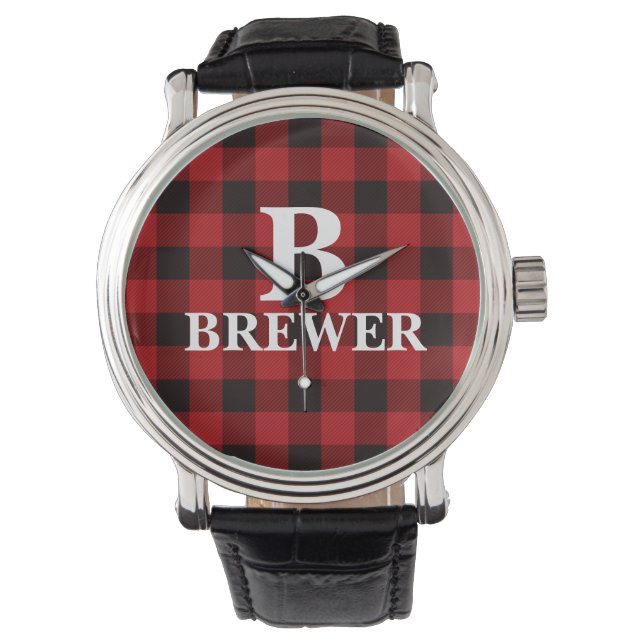 Benutzerdefinierter Familienname Red Tartan Watch Armbanduhr (Vorderseite)