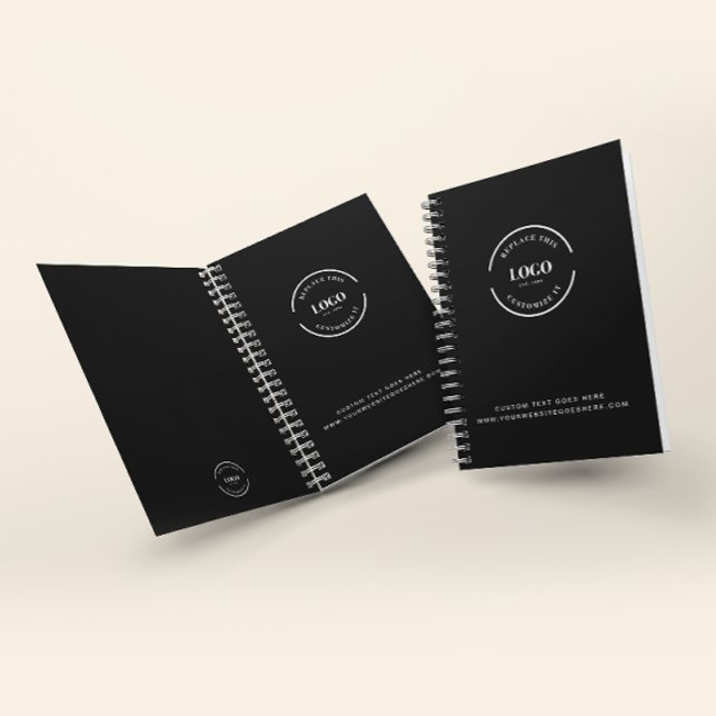 Benutzerdefinierter Firmenlogo Text Corporate Blac Notizbuch (Customizable business logo and website on black spiral notebooks. Comes in hardcover or softcover.)