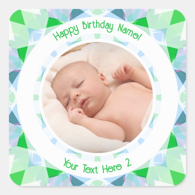 Benutzerdefinierter Foto Name Age Blue Green Gebur Quadratischer Aufkleber (Vorderseite)