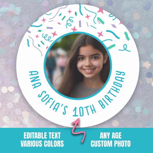 Benutzerdefinierter Foto Name jedes Alters Confett Runder Aufkleber (Custom Photo Name Any Age Confetti Birthday Classic Round Sticker.)