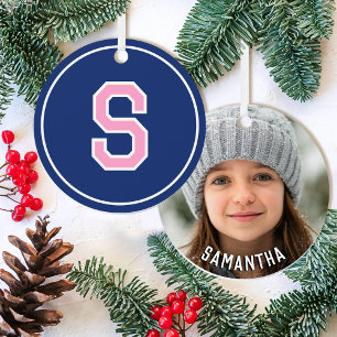Benutzerdefinierter Foto Name Mit Monogramm Navy B Ornament Aus Metall