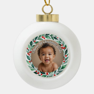 benutzerdefinierter Foto-Weihnachts-Stechpalmen-Ke Keramik Kugel-Ornament