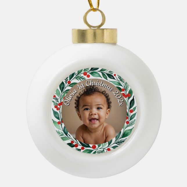benutzerdefinierter Foto-Weihnachts-Stechpalmen-Ke Keramik Kugel-Ornament (Vorderseite)